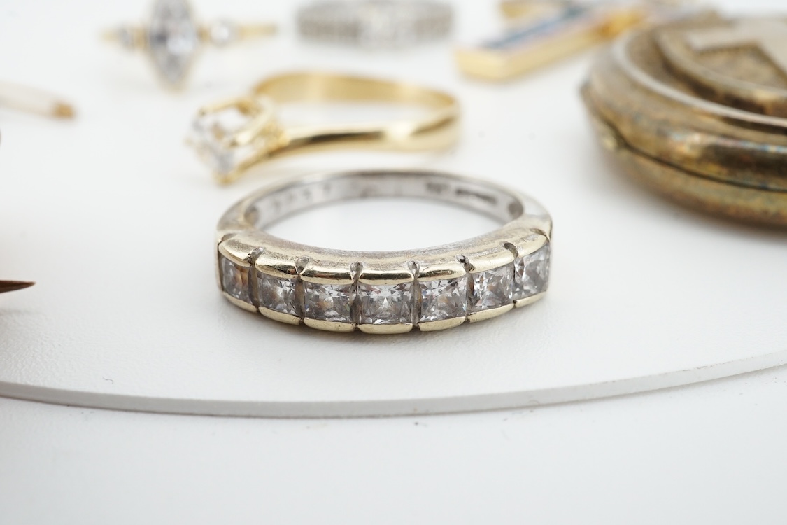 Two modern 9ct gold and cubic zirconia set rings, including white gold, two other simulated diamond set rings, together with an Italian cross pendant, a cameo brooch and an oval gilt metal locket.